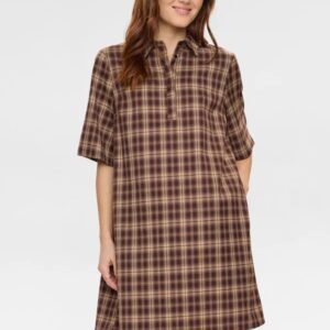 Octavia Boutique Women's Brown Plaid Short Sleeve Mini Shirt Dress with Pockets