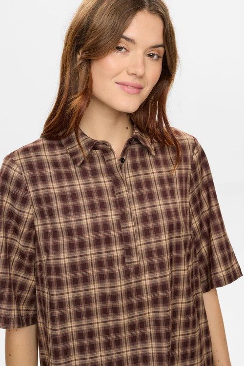 Octavia Boutique Women's Brown Plaid Short Sleeve Mini Shirt Dress with Pockets (4)