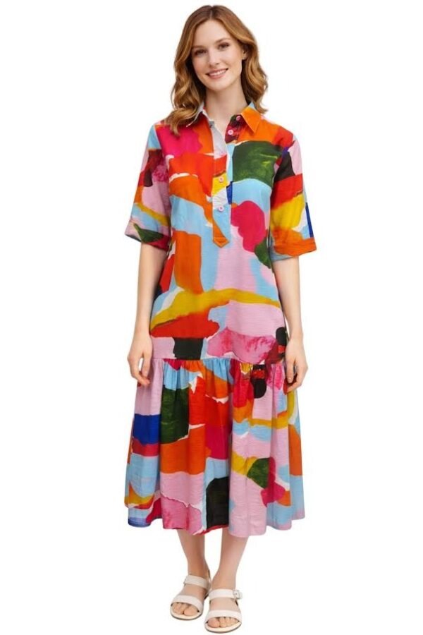 Octavia Boutique Women's Colorful Abstract Art Print Midi Shirt Dress with Tiered Hem