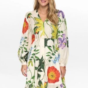 Octavia Boutique Women's Cream Floral Print Long Sleeve V-Neck Mini Shirt Dress