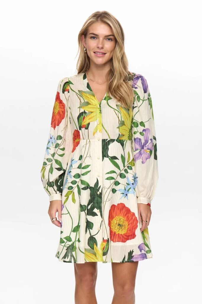 Octavia Boutique Women's Cream Floral Print Long Sleeve V-Neck Mini Shirt Dress (1)