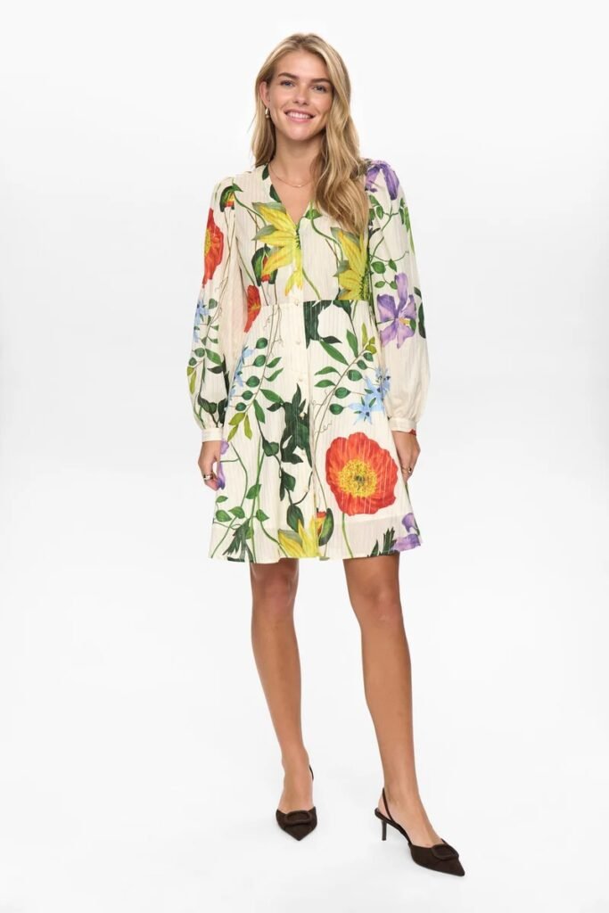 Octavia Boutique Women's Cream Floral Print Long Sleeve V-Neck Mini Shirt Dress (5)